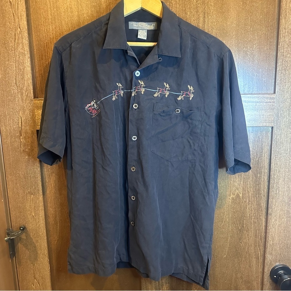 Vintage Tori Richard 100% Silk Black Shirt with Rocking Santa Detail